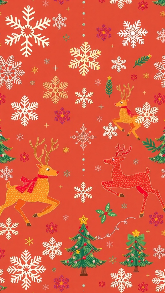 Cute Christmas Wallpaper Design Cute Christmas wallpaper with snowflakes, reindeer, and Christmas trees in red, green, and gold.